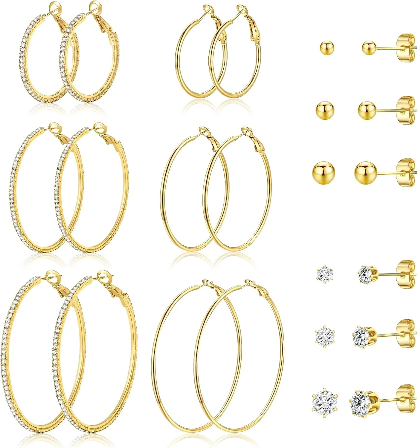 12 Pairs Big Gold Hoop Earrings Set for women Cubic Zirconia Set Earrings 14K Gold Plated Stainless Surgical Steel Stud Earrings Jewelry for Women