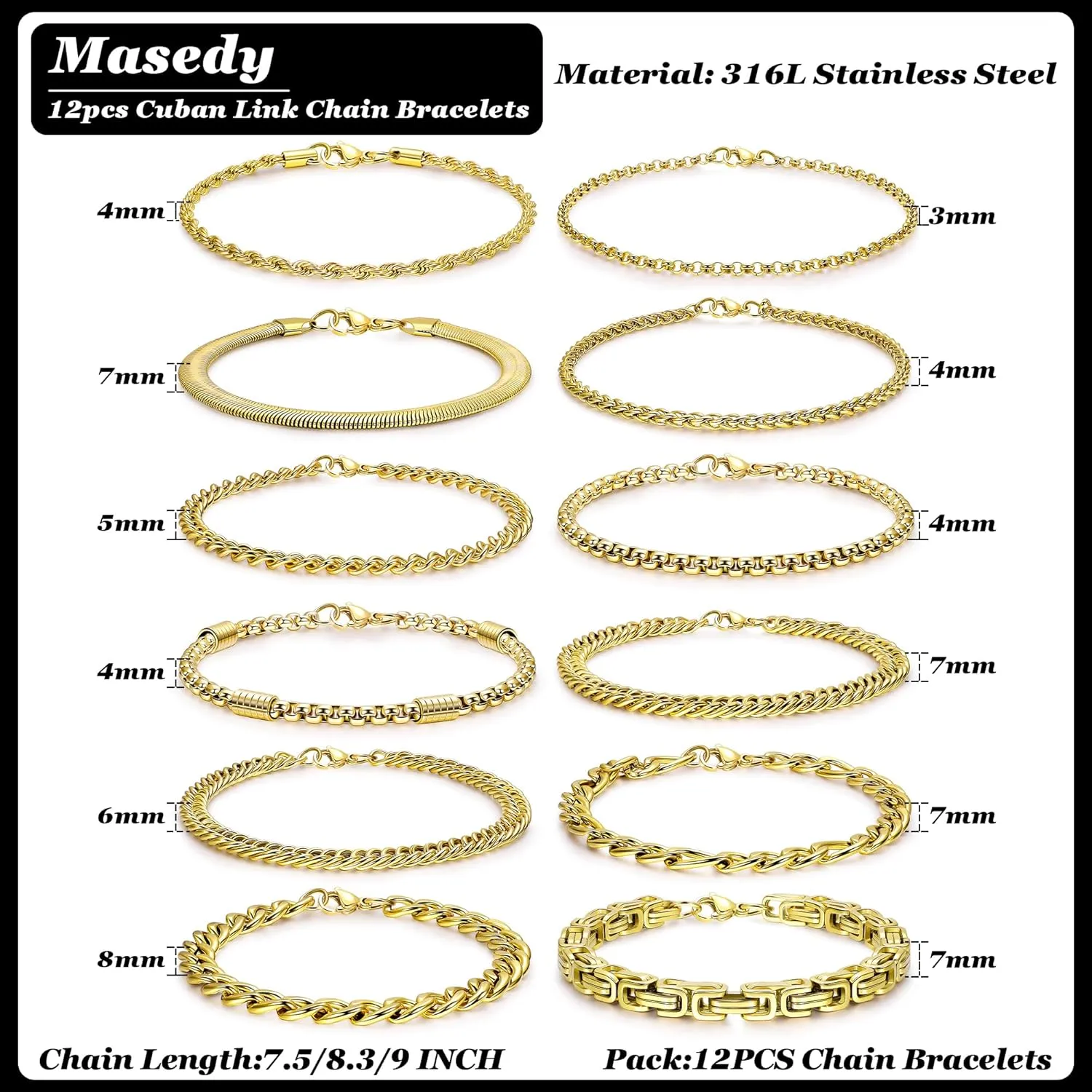 12PCS Stainless Steel Cuban Link Chain Bracelets for Men Women Gold Figaro Rope Chain Men's Curb Chain Bracelets Set Box Square Rolo Twisted Wrist Bracelets 7.5/8.3/9inch