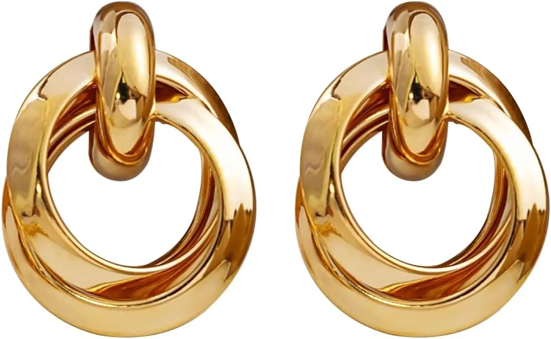 14K Chunky Gold Earrings Gold Geometric Drop Dangle Earrings for Women Large Hoop Gold Statement Earrings Hypoallergenic Fashion Earrings Jewelry