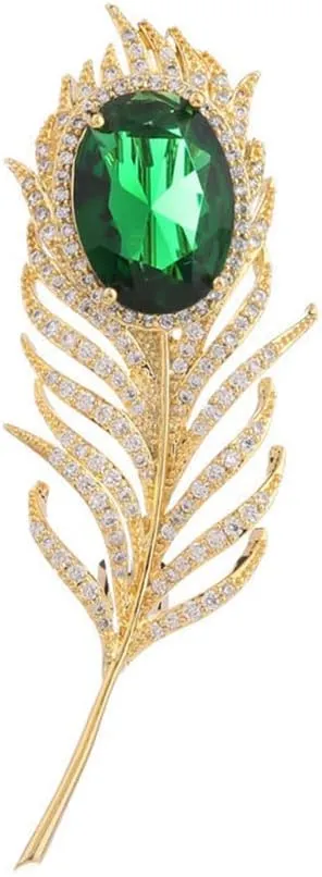 14K Golden Plated Feather Brooch Pin for Women Men With Simulated Emerald Cubic Zirconia Rhinestone Lapel Suit Badges Brooches Pins Fashion Delicate Corsage Scarfts Jewelry Gifts Wedding Birthday