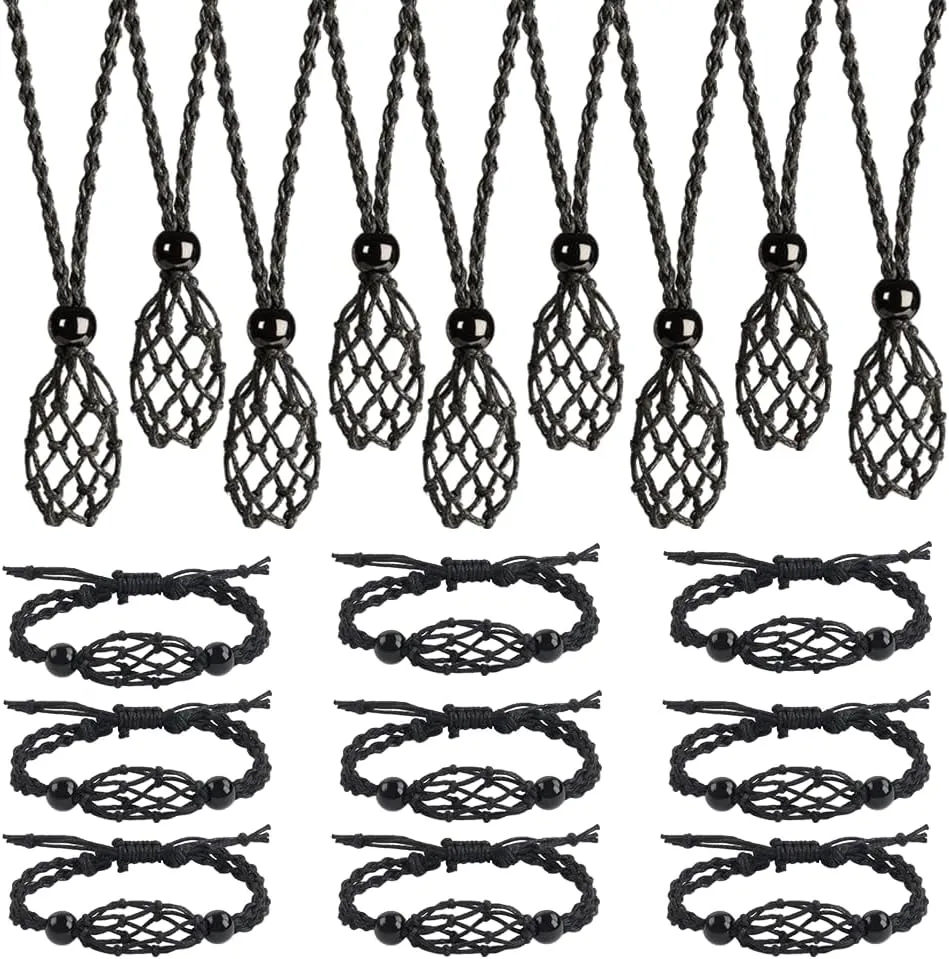 18 PCS Crystal Cage Necklace Holder Necklace Cord Empty Stone Holder Replacement Hand-Woven Necklace Cord with Adjustable Length