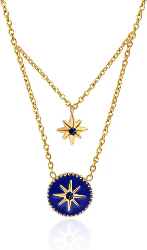 18k Real Gold Plated Enamel Octagram Layering Necklaces for Women Cubic Zirconia Necklace Coin Pendant Star Layered Necklaces Jewelry Birthday Gift for Wife Girlfriend