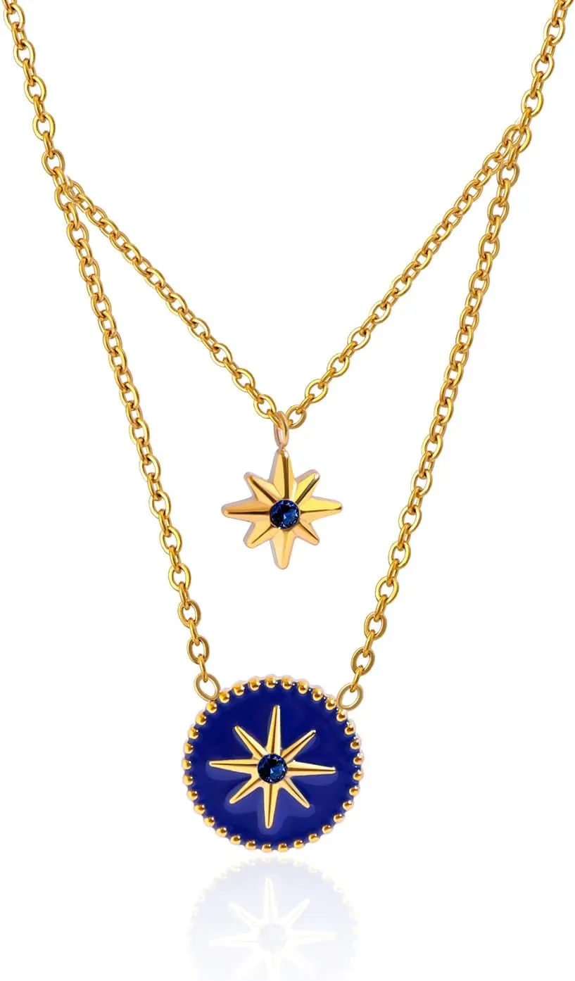 18k Real Gold Plated Enamel Octagram Layering Necklaces for Women Cubic Zirconia Necklace Coin Pendant Star Layered Necklaces Jewelry Birthday Gift for Wife Girlfriend