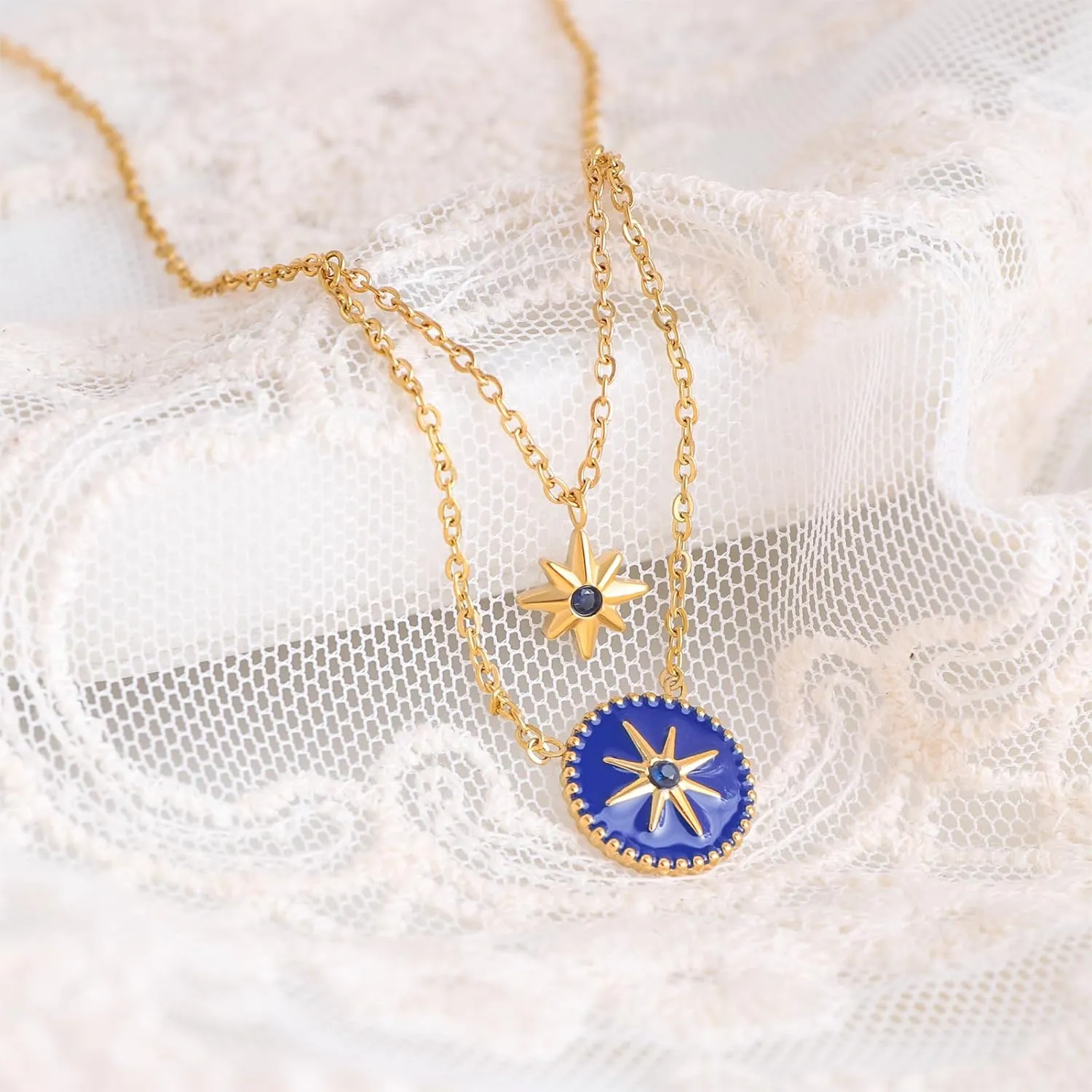 18k Real Gold Plated Enamel Octagram Layering Necklaces for Women Cubic Zirconia Necklace Coin Pendant Star Layered Necklaces Jewelry Birthday Gift for Wife Girlfriend