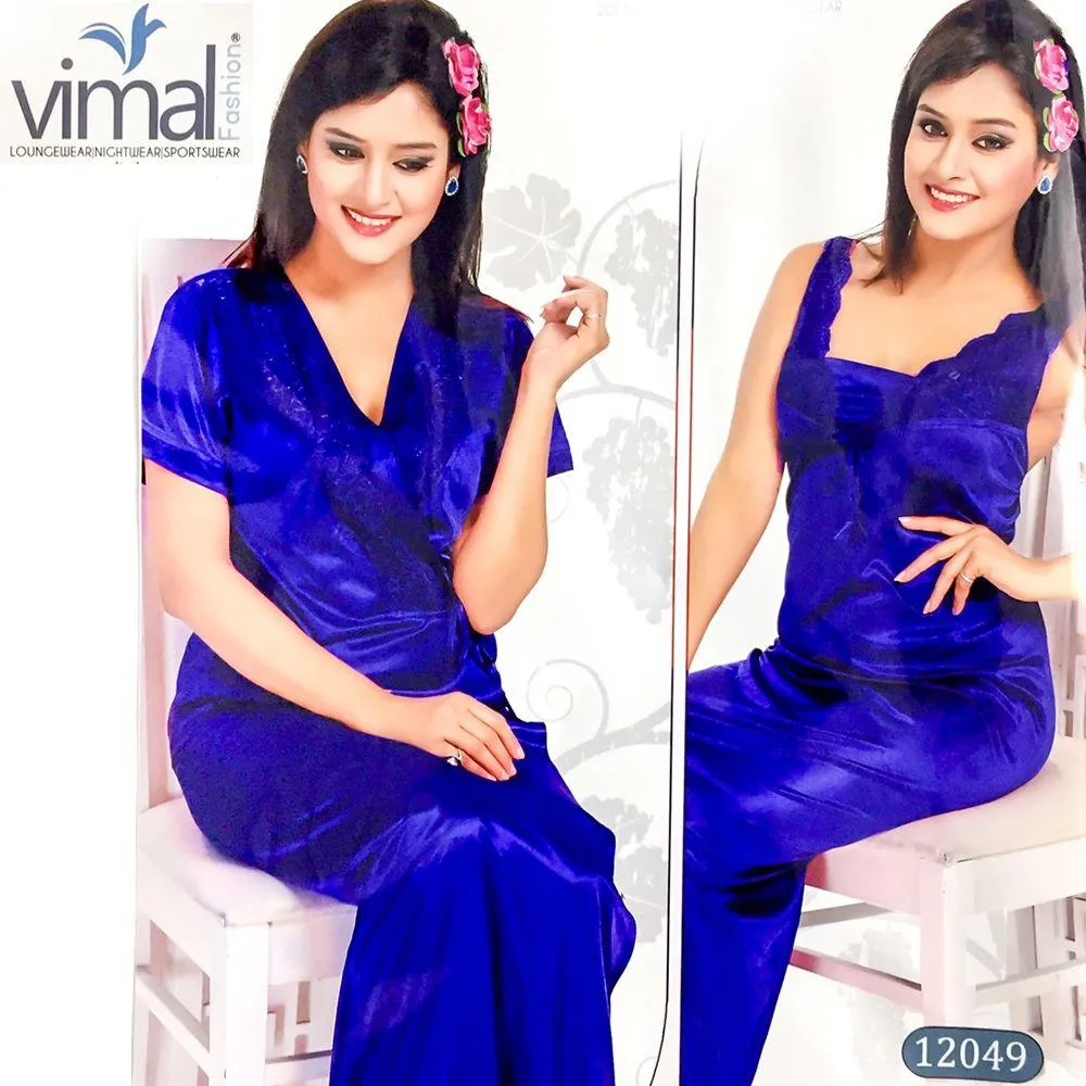 2 Pcs Blue Long Nighty Set with Gown - V12049 - Satin Silk Nighty by Vimal Fashion