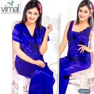 2 Pcs Blue Long Nighty Set with Gown - V12049 - Satin Silk Nighty by Vimal Fashion