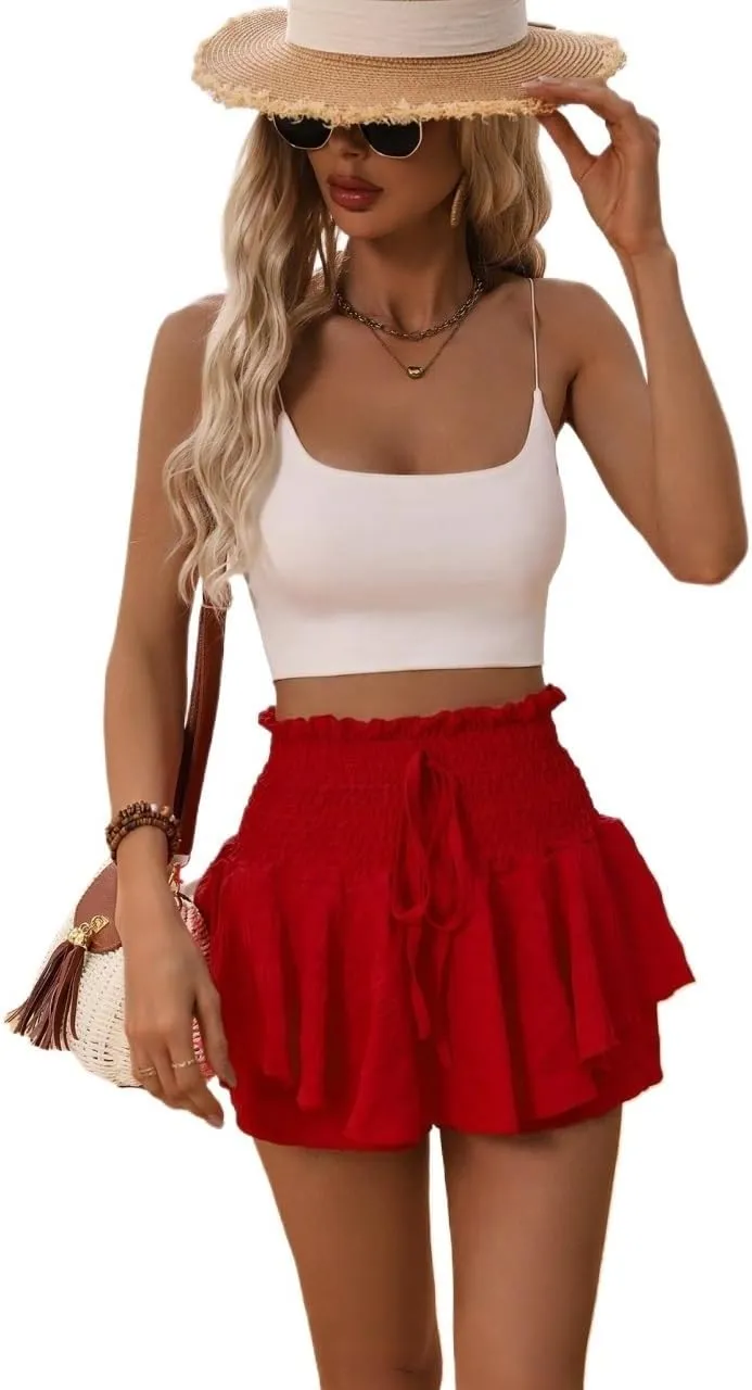 2024 Casual Summer Shorts For Women Red Ruffle Hem Skort