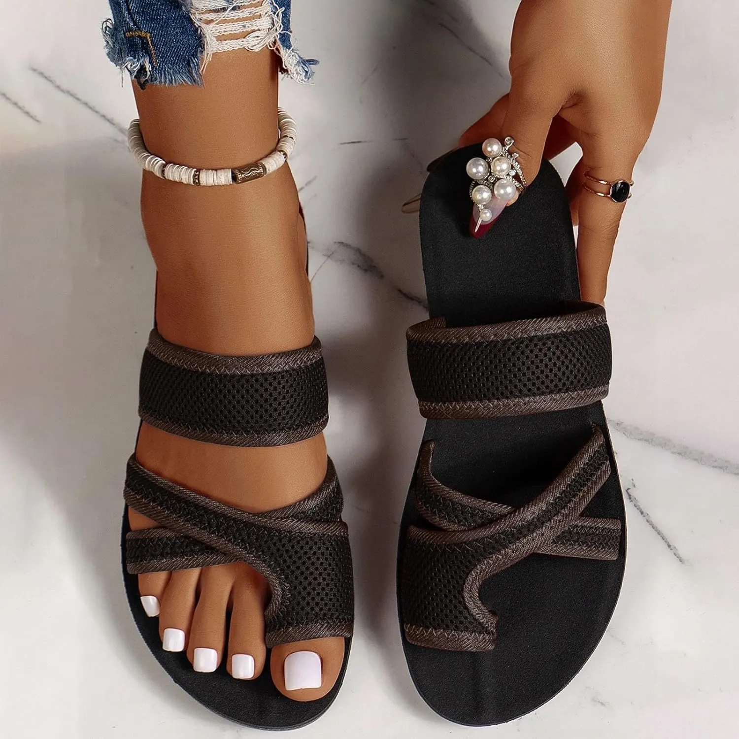 2024 Women's Hollow Mesh Slide Sandals - Dressy Summer Flats Breathable Orthopedic Arch Support Slip On Mesh Sandals