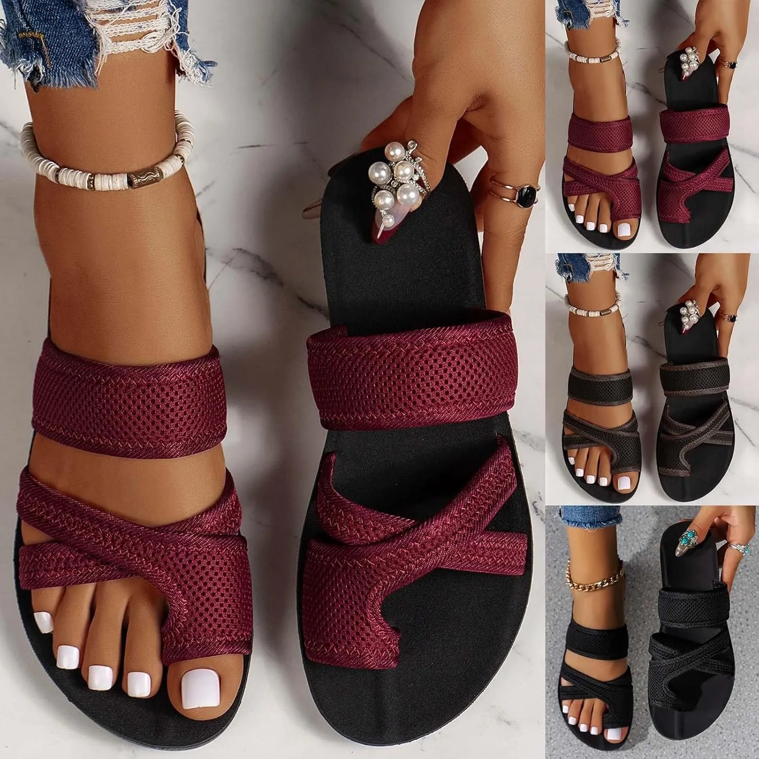 2024 Women's Hollow Mesh Slide Sandals - Dressy Summer Flats Breathable Orthopedic Arch Support Slip On Mesh Sandals