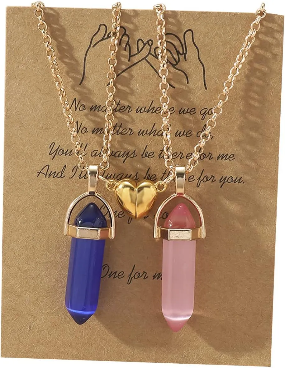 2Pcs Crystal Mutual Attraction Couple Matching Hexagonal Pendant Necklace Love Heart Natural Stone Chakra Necklace for Women Men Meditation Jewelry Birthday Gift