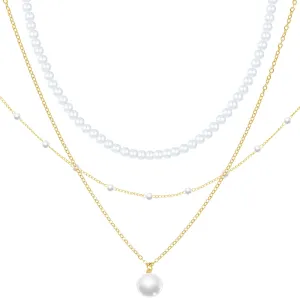 3-Pack Gold Pearl Choker Necklaces for Women - Dainty Layered Stackable Jewelry Set, Adjustable Bridal Necklace for Weddings, Date Night, Gift (Elegant Gold Pearl Necklace Set for Everyday Wear)