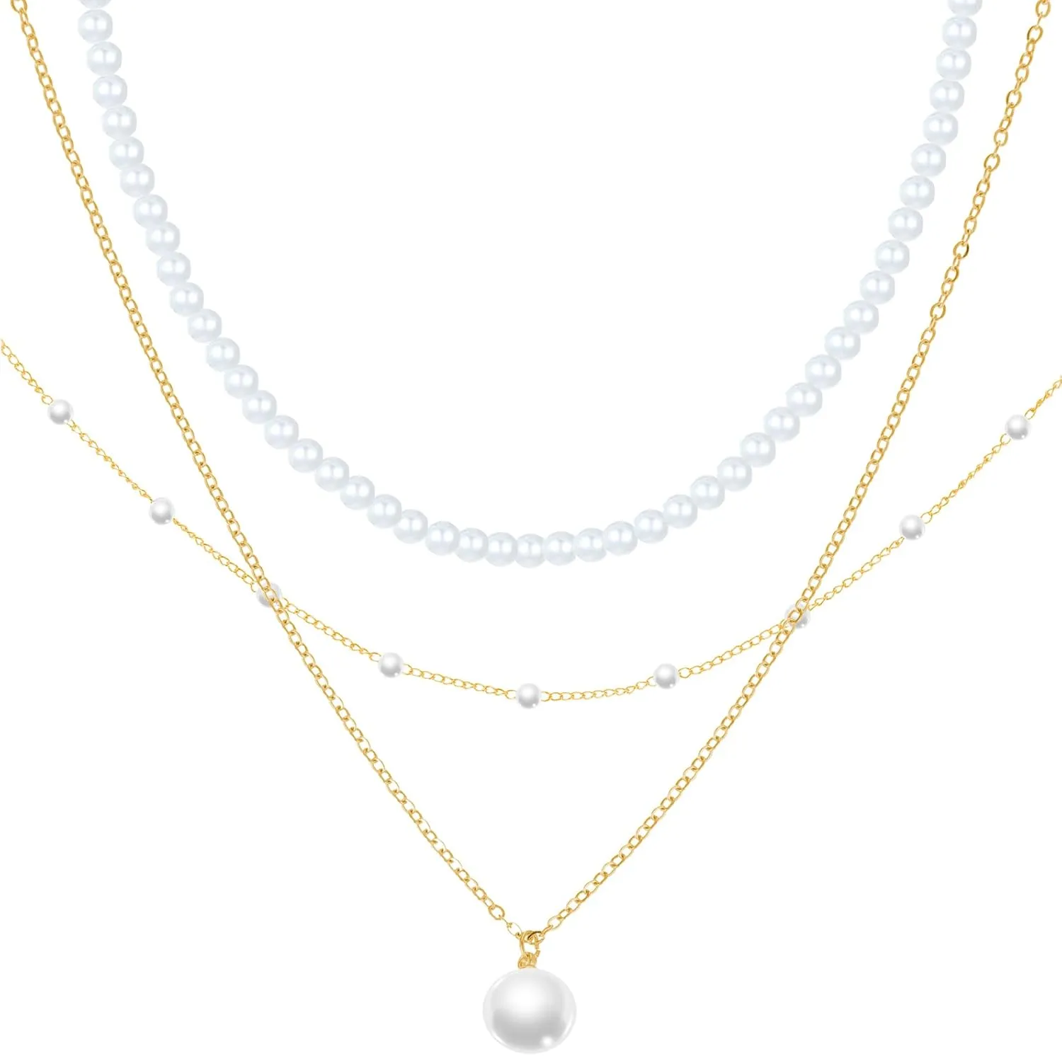 3-Pack Gold Pearl Choker Necklaces for Women - Dainty Layered Stackable Jewelry Set, Adjustable Bridal Necklace for Weddings, Date Night, Gift (Elegant Gold Pearl Necklace Set for Everyday Wear)