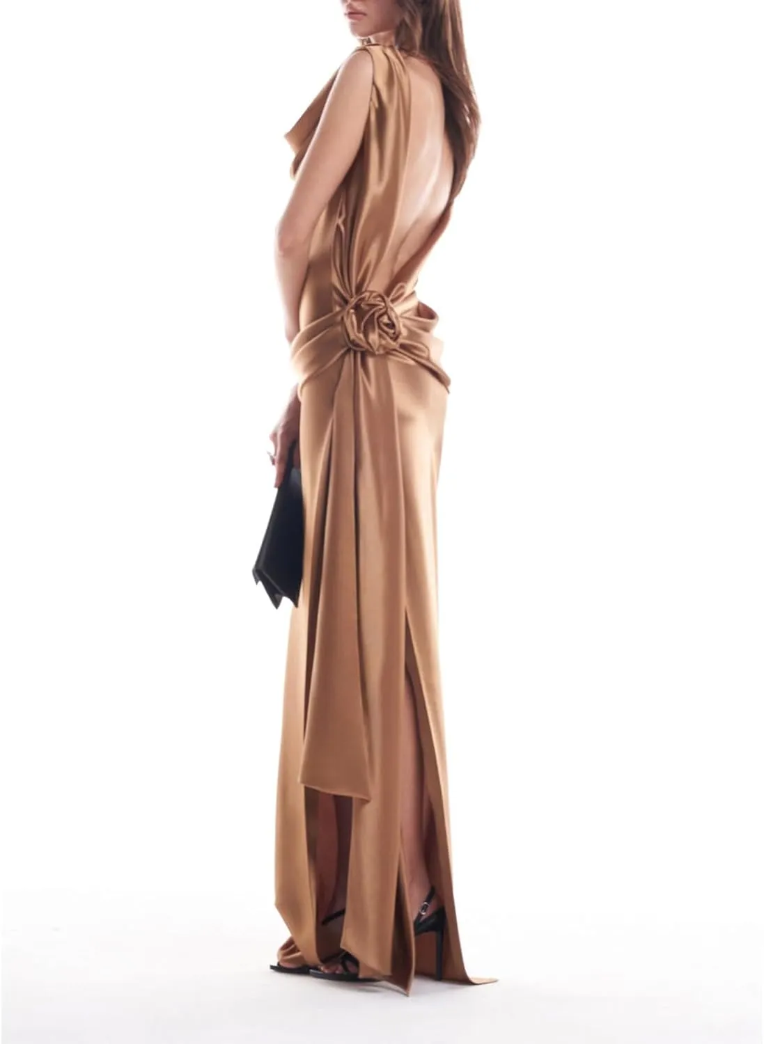 3D Flower Split Backless Dress Women Elegant Pleated Side Long Dresses Evening Party Beach Ribbon Loose Lady Robe