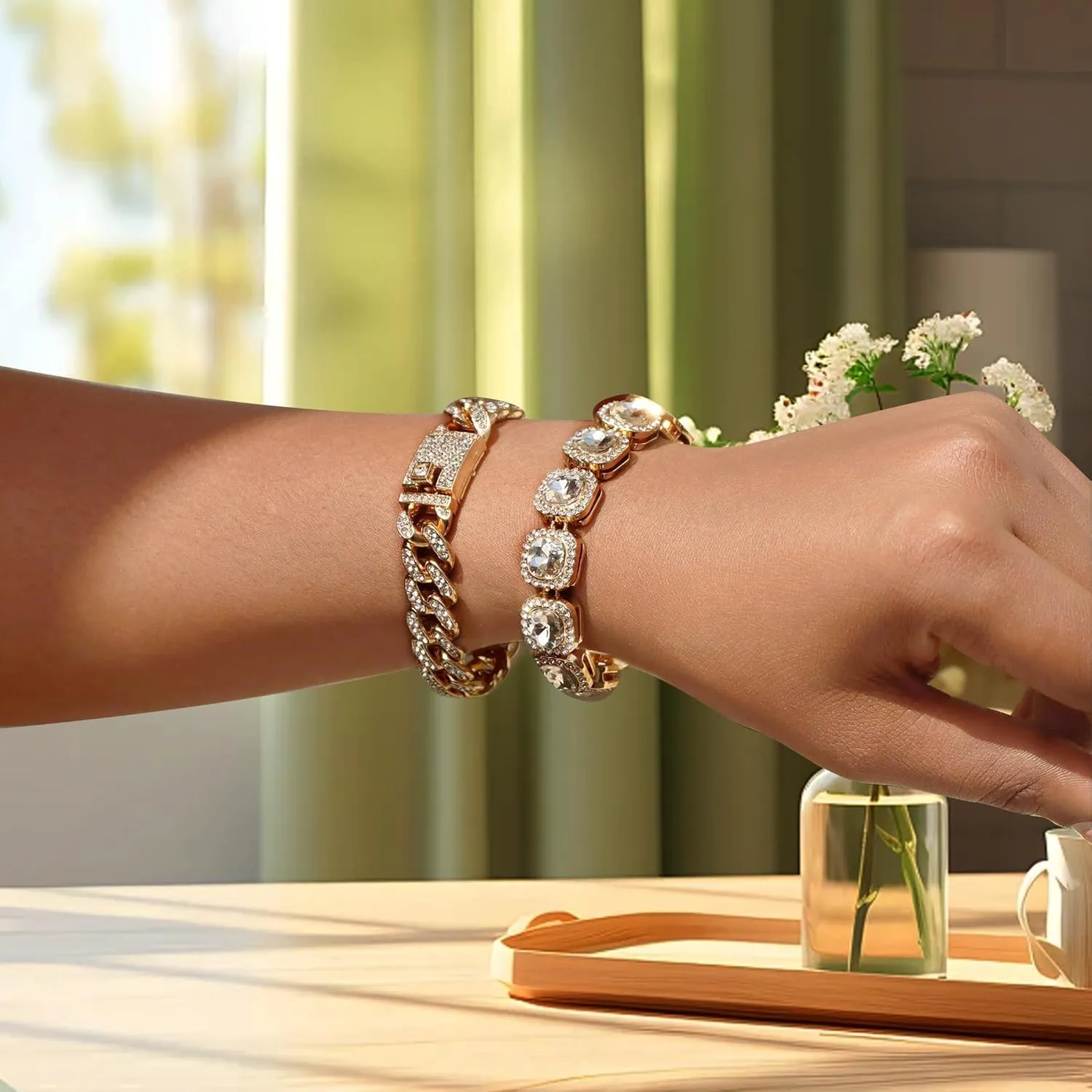 4PCS Silver Bracelet Set for Women, Clustered Gold Tennis Bracelets, Round/Heart/Quadrate Diamond/Cuban Bracelet, Chunky Layered Link Bracelet, Fashion Jewelry Gift Set