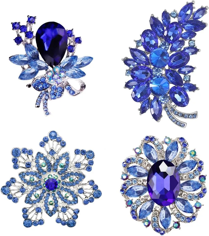 4Pcs Silver Plated Royal Blue Crystal Brooches and Pins Fashion Jewelry