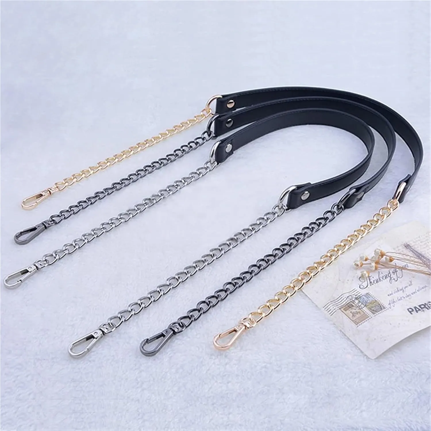 50cm-160cm Replacement Shoulder Crossbody Bag Strap Black PU Leather Handle with 9mm Gold, Silver, Black Metal Chains for Bag Handbag(Black,140cm)