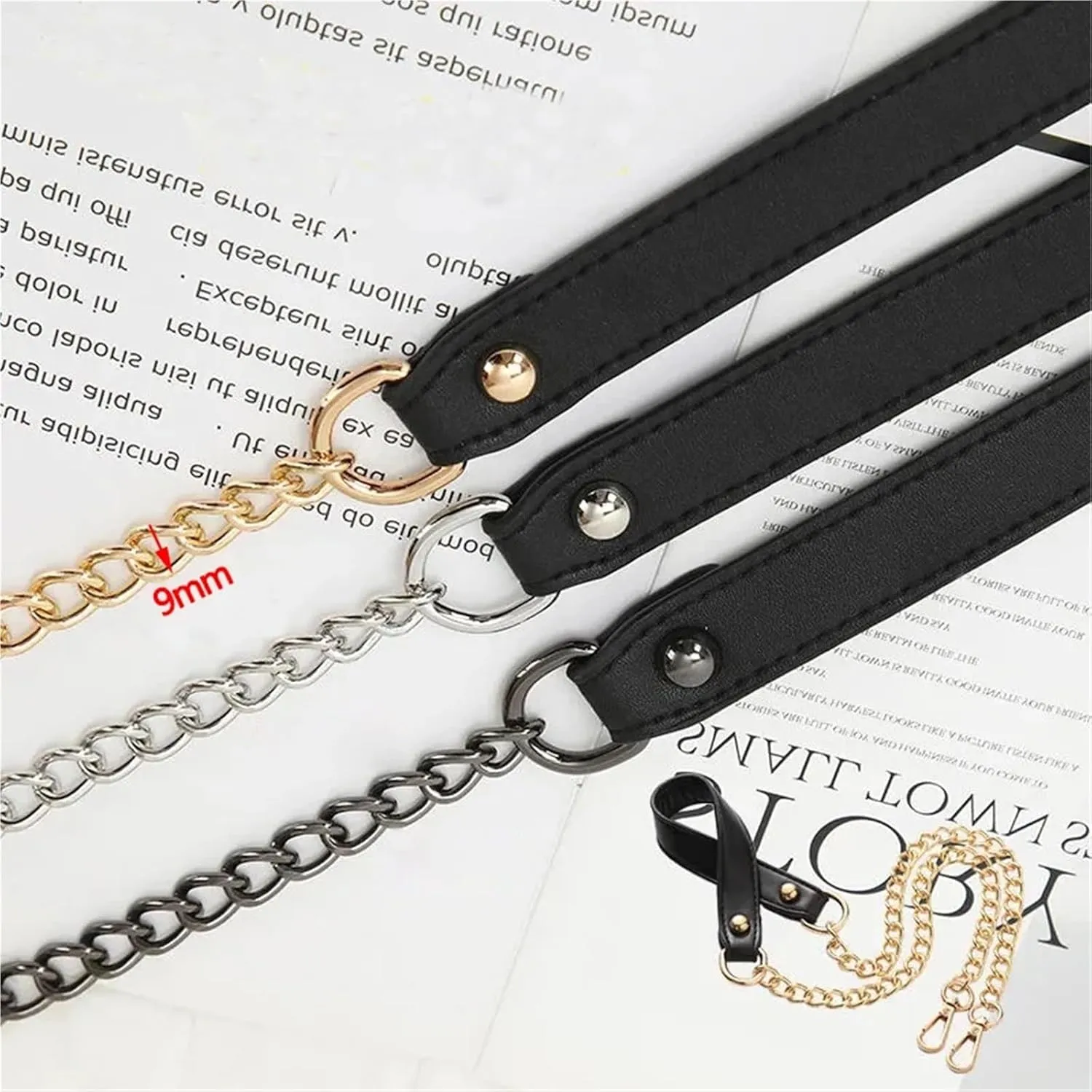 50cm-160cm Replacement Shoulder Crossbody Bag Strap Black PU Leather Handle with 9mm Gold, Silver, Black Metal Chains for Bag Handbag(Black,140cm)