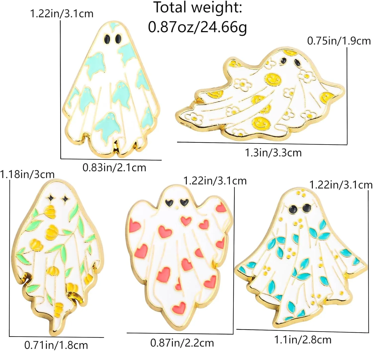 5Pcs Halloween Ghost Enamel Brooch - Pumpkin Reaper/Death's Scythe Devil Boo Lapel Pin - Cute Flower Smile Heart leaves Pattern Badges Gifts for Women Men
