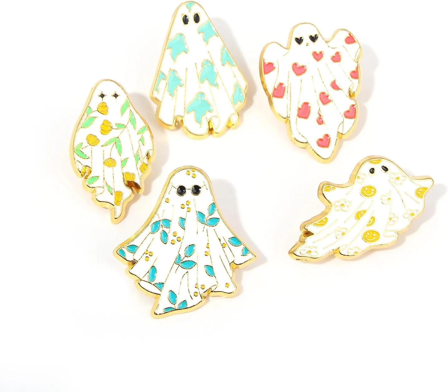 5Pcs Halloween Ghost Enamel Brooch - Pumpkin Reaper/Death's Scythe Devil Boo Lapel Pin - Cute Flower Smile Heart leaves Pattern Badges Gifts for Women Men