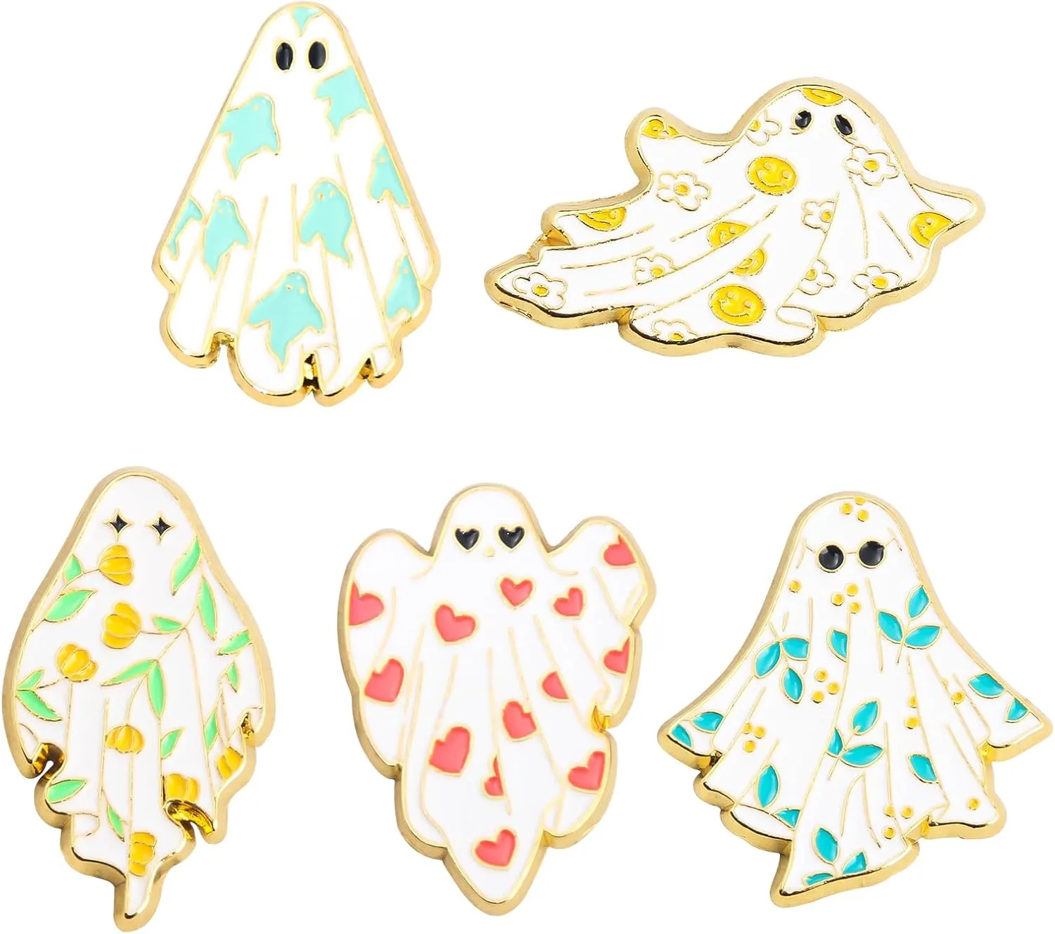 5Pcs Halloween Ghost Enamel Brooch - Pumpkin Reaper/Death's Scythe Devil Boo Lapel Pin - Cute Flower Smile Heart leaves Pattern Badges Gifts for Women Men