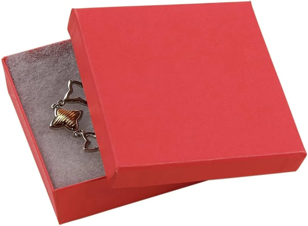 6 Pack Cotton Filled Red Color Paper Cardboard Jewelry Necklace Earring Bangle Anklet Pendant Bracelets Watch Gift and Retail Boxes Size 3 1/2" x 3 1/2" x 1" Inch - by R J Displays (Red)