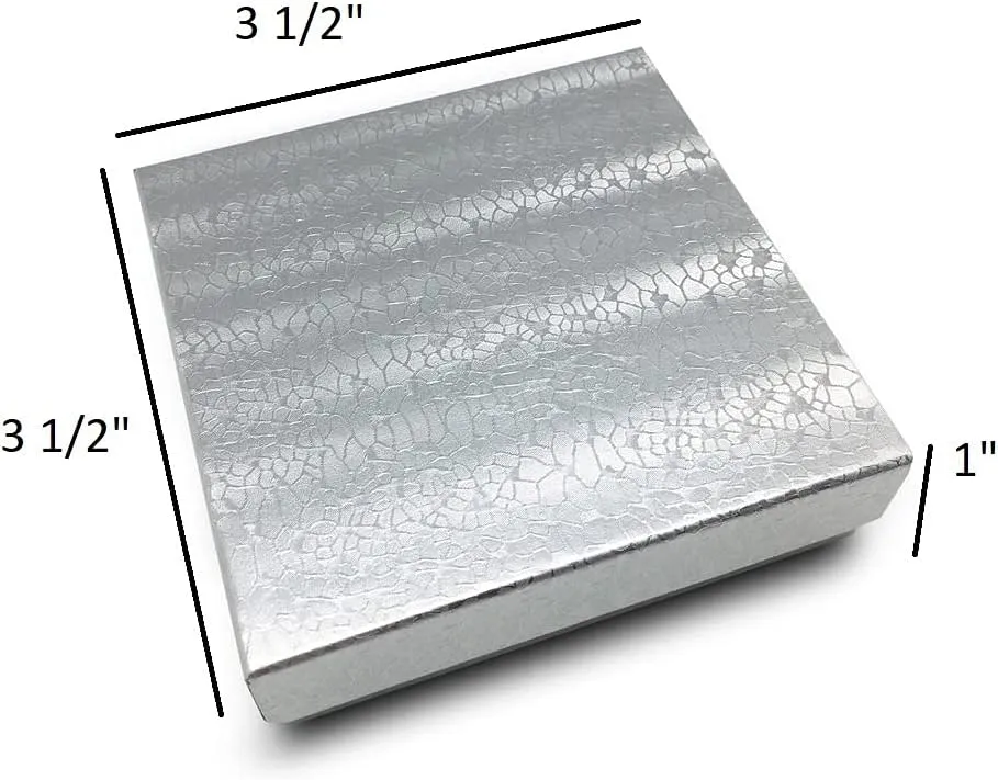 6 Pack Cotton Filled Silver Foil Paper Cardboard Jewelry Necklace Earring Bangle Anklet Pendant Bracelets Watch Gift and Retail Boxes Size 3 1/2" x 3 1/2" x 1" Inch - by R J Displays (Silver)