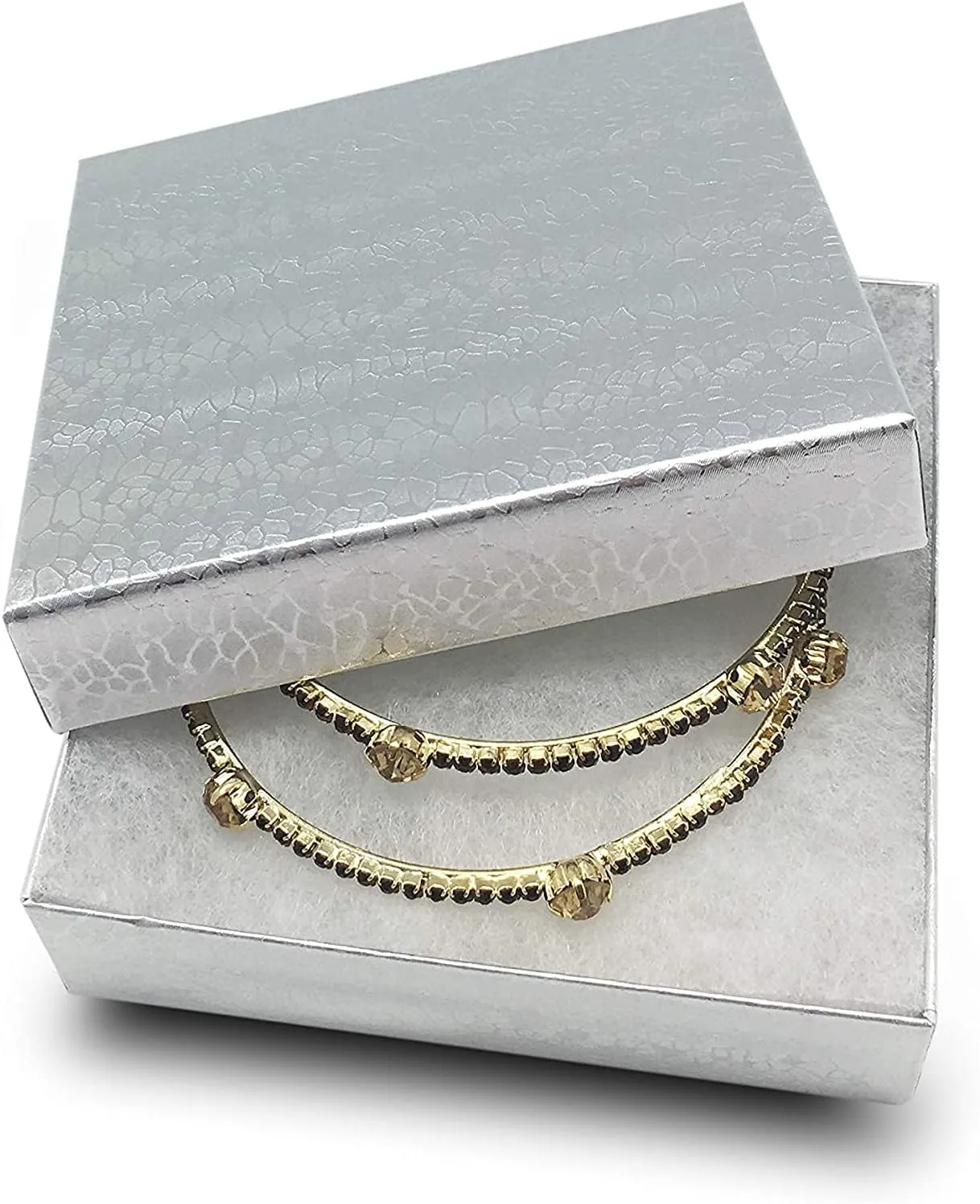 6 Pack Cotton Filled Silver Foil Paper Cardboard Jewelry Necklace Earring Bangle Anklet Pendant Bracelets Watch Gift and Retail Boxes Size 3 1/2" x 3 1/2" x 1" Inch - by R J Displays (Silver)
