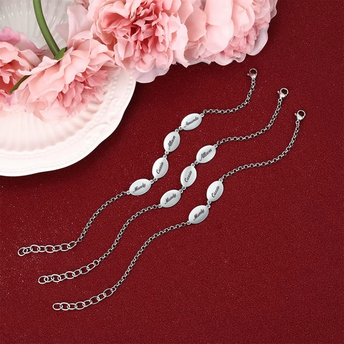 925 Sterling Silver Personalized Name Engraved Oval Disc Charm Custom Link Bracelets Jewelry