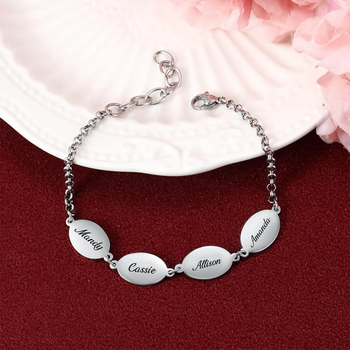 925 Sterling Silver Personalized Name Engraved Oval Disc Charm Custom Link Bracelets Jewelry