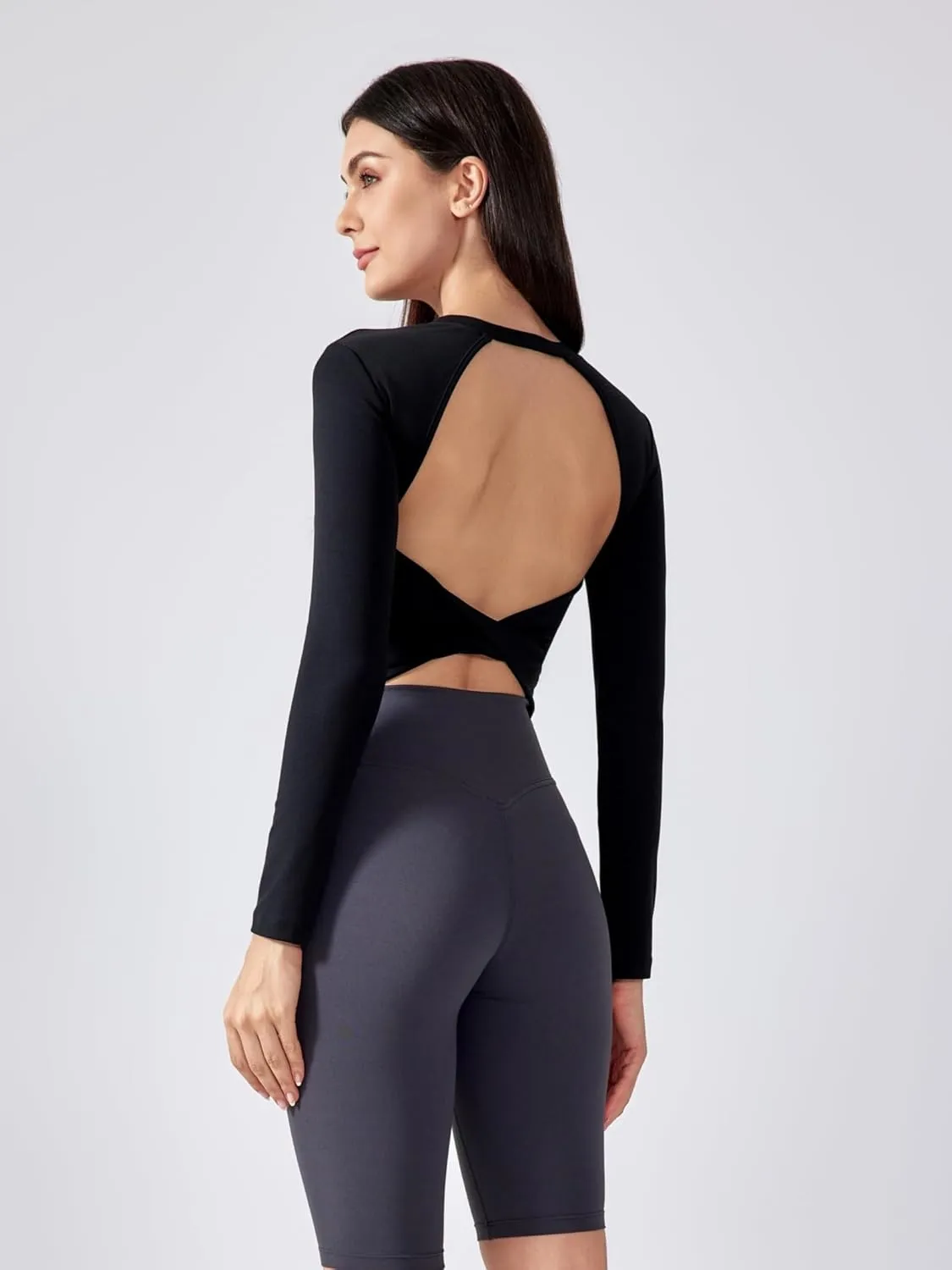 ABOCIW Workout Tops for Women Open Back Longline Sports Bras Athletic Crop Top Cap Sleeve Gym T Shirts with Built in Bra