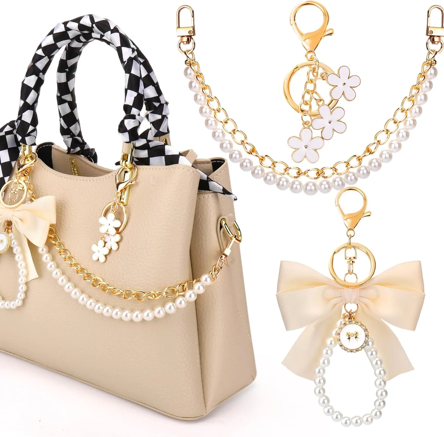 AIERSA 3Pcs Bag Charms for Handbags Purses, Cute Keychains for Women, Pearl Chain Bag Strap, Handle Decorative Handbag Charms Set for Women Purse Handbag Wallet Crossbody Shoulder Bag Accessories