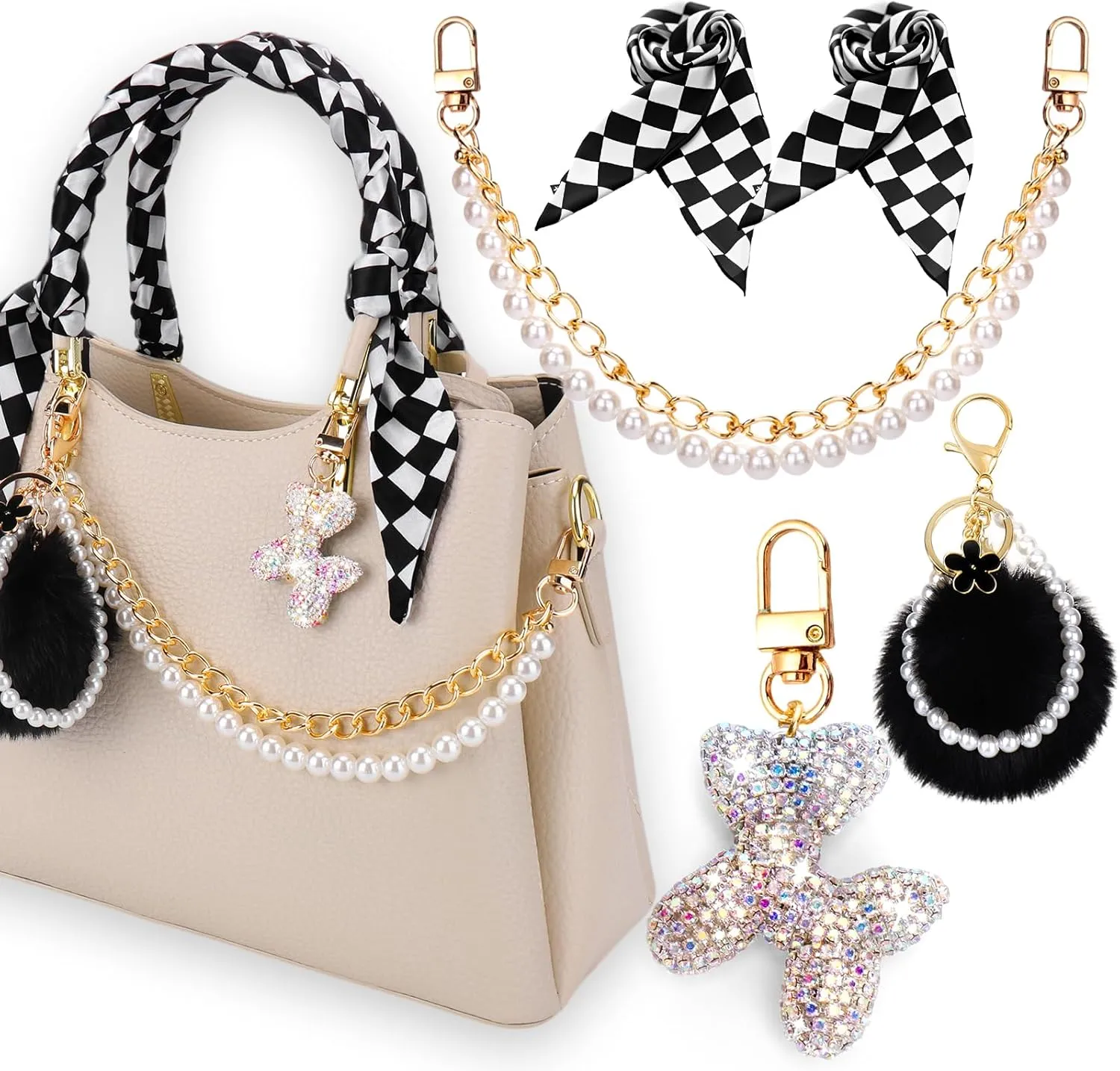 AIERSA 5Pcs Bag Charms for Handbags Purses, Balloon Dog Rhinestone Keychains, Pearl Chain Strap, Handle Decorative Handbag Charms Set for Women Purse Handbag Wallet Crossbody Shoulder Bag Accessories