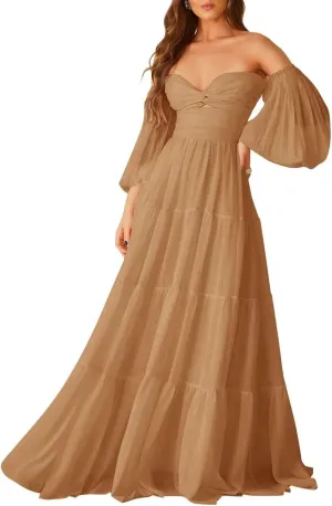 ALFEICE Long Sleeves Wedding Guest Dresses Off Shoulder Chiffon Formal Evening Party Gowns Maxi A Line Cocktail Prom Dresses