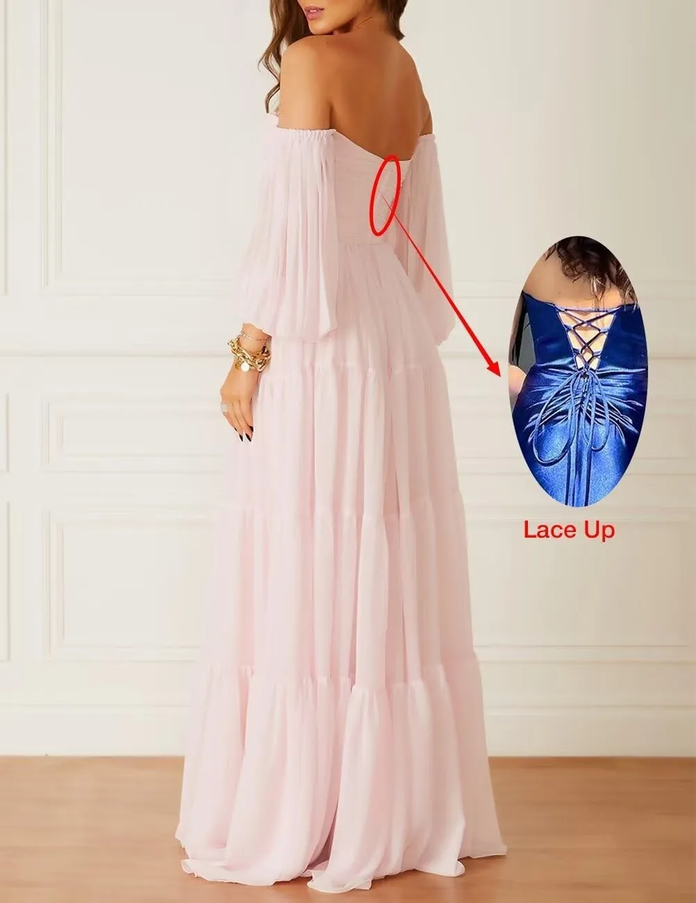 ALFEICE Long Sleeves Wedding Guest Dresses Off Shoulder Chiffon Formal Evening Party Gowns Maxi A Line Cocktail Prom Dresses