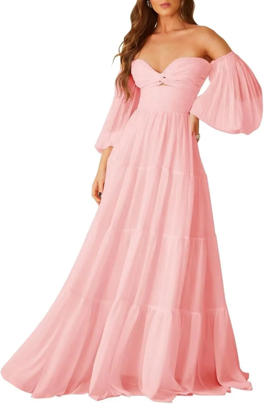 ALFEICE Long Sleeves Wedding Guest Dresses Off Shoulder Chiffon Formal Evening Party Gowns Maxi A Line Cocktail Prom Dresses
