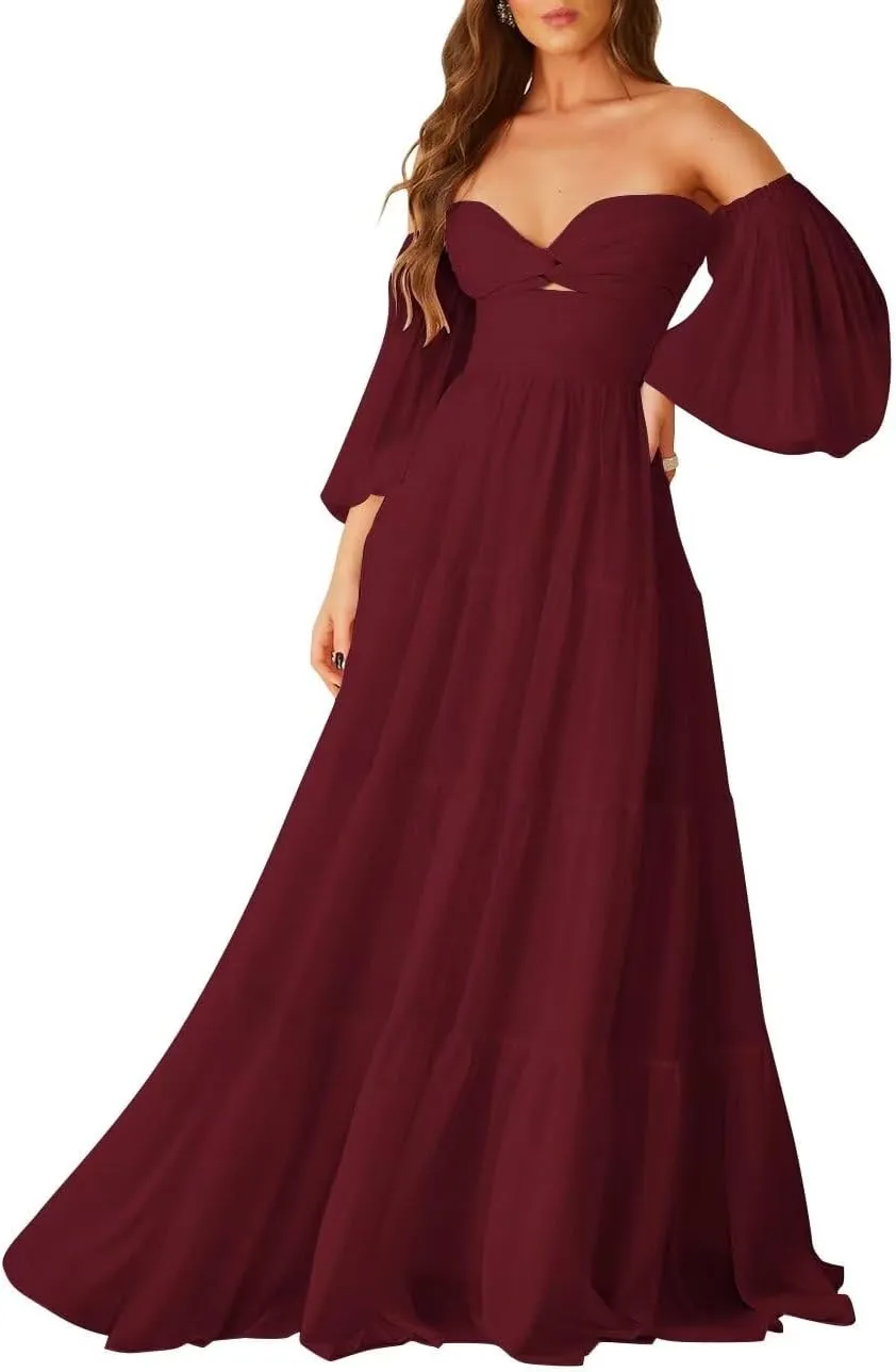 ALFEICE Long Sleeves Wedding Guest Dresses Off Shoulder Chiffon Formal Evening Party Gowns Maxi A Line Cocktail Prom Dresses