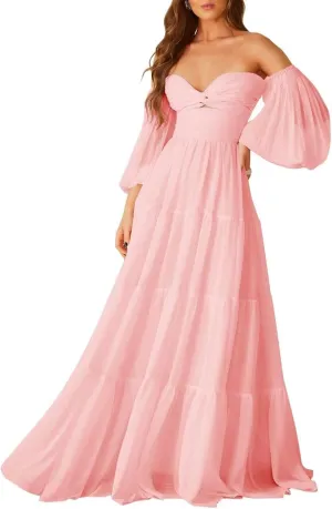 ALFEICE Long Sleeves Wedding Guest Dresses Off Shoulder Chiffon Formal Evening Party Gowns Maxi A Line Cocktail Prom Dresses