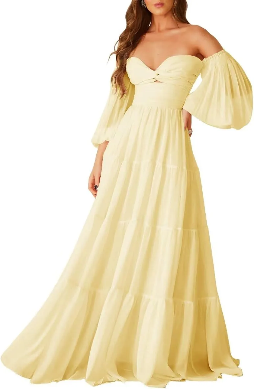 ALFEICE Long Sleeves Wedding Guest Dresses Off Shoulder Chiffon Formal Evening Party Gowns Maxi A Line Cocktail Prom Dresses