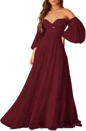 ALFEICE Long Sleeves Wedding Guest Dresses Off Shoulder Chiffon Formal Evening Party Gowns Maxi A Line Cocktail Prom Dresses