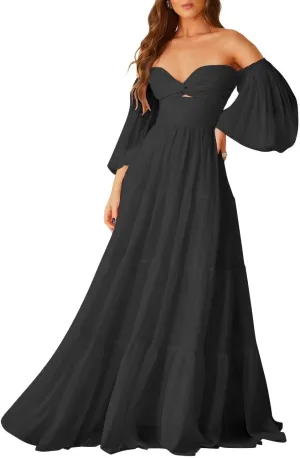 ALFEICE Long Sleeves Wedding Guest Dresses Off Shoulder Chiffon Formal Evening Party Gowns Maxi A Line Cocktail Prom Dresses