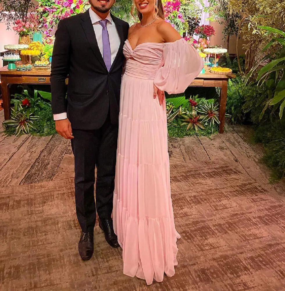 ALFEICE Long Sleeves Wedding Guest Dresses Off Shoulder Chiffon Formal Evening Party Gowns Maxi A Line Cocktail Prom Dresses