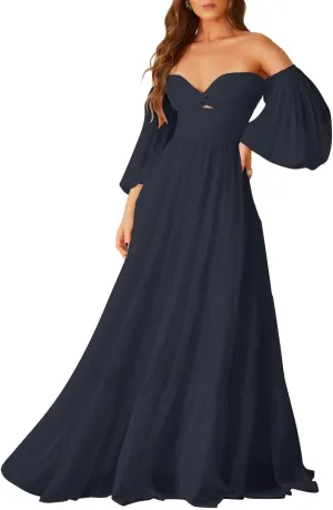 ALFEICE Long Sleeves Wedding Guest Dresses Off Shoulder Chiffon Formal Evening Party Gowns Maxi A Line Cocktail Prom Dresses