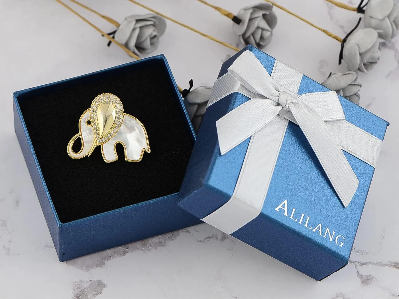Alilang Golden Tone Brown Rhinestones Animal Elephant Trunk Brooch Pin