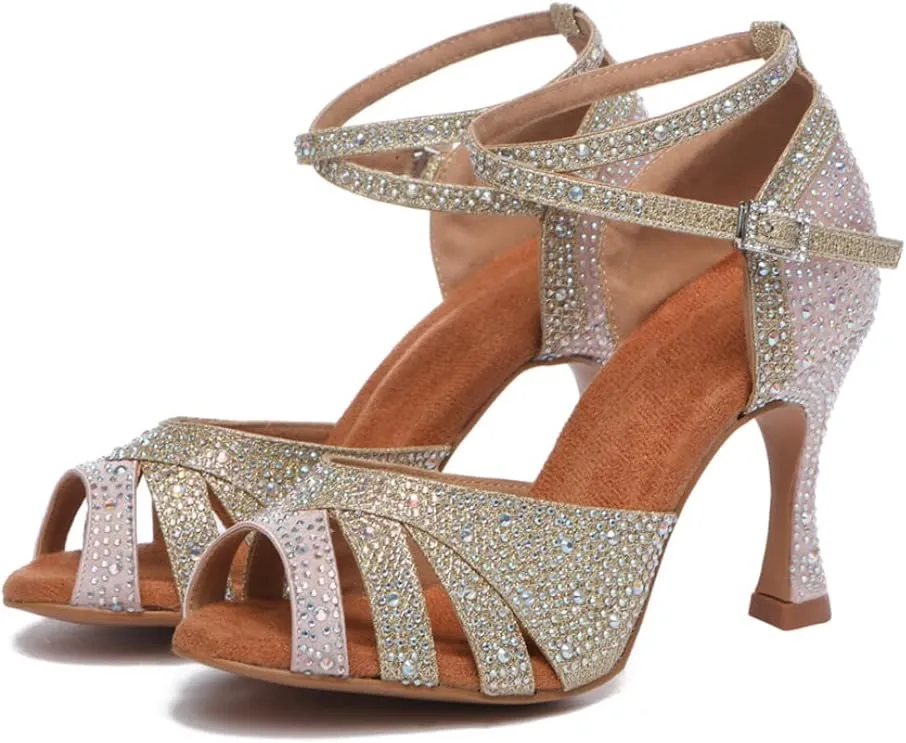 AOQUNFS Women's Latin Dance Shoes Rhinestones Salsa Ballroom Practice Performance Dancing Shoes,L549