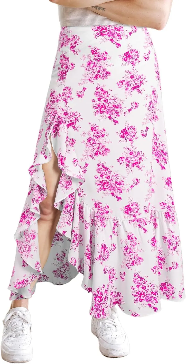 Apvirdy Women's Boho Floral High Waist Ruffle Split Maxi Skirt Prnted Slim Fit Summer Flowy Long Skirt