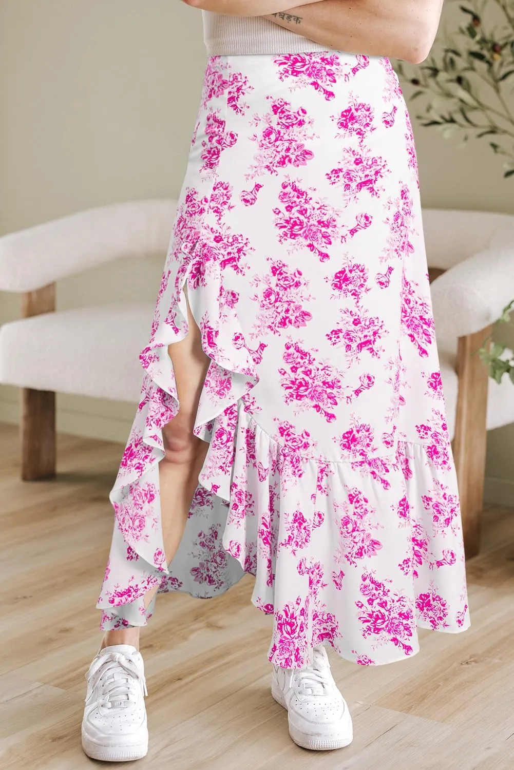 Apvirdy Women's Boho Floral High Waist Ruffle Split Maxi Skirt Prnted Slim Fit Summer Flowy Long Skirt