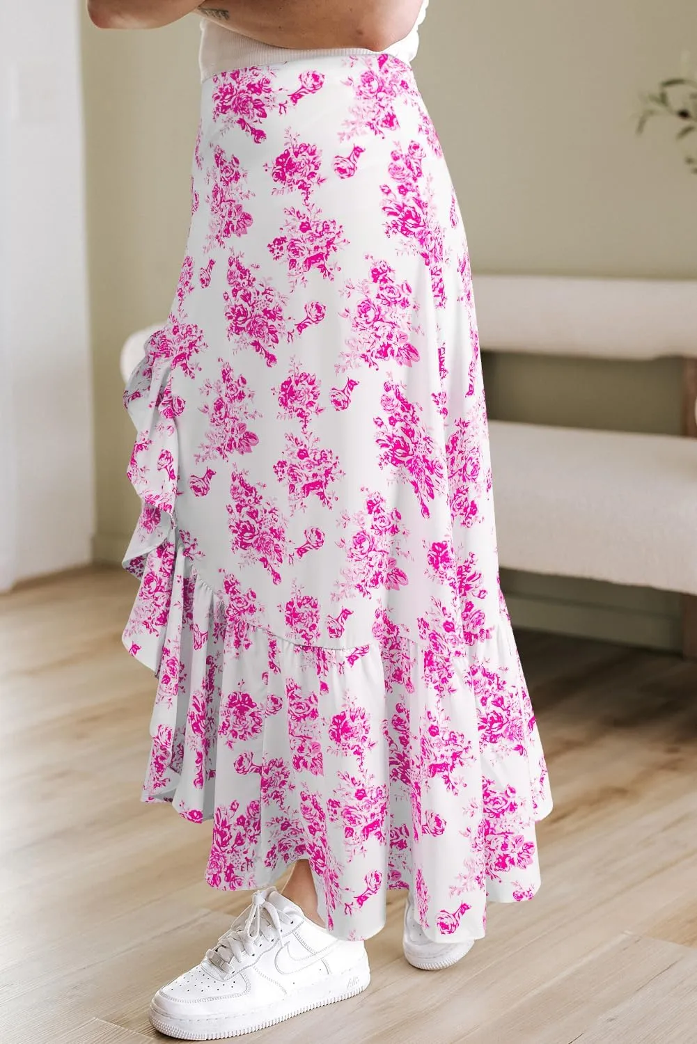 Apvirdy Women's Boho Floral High Waist Ruffle Split Maxi Skirt Prnted Slim Fit Summer Flowy Long Skirt