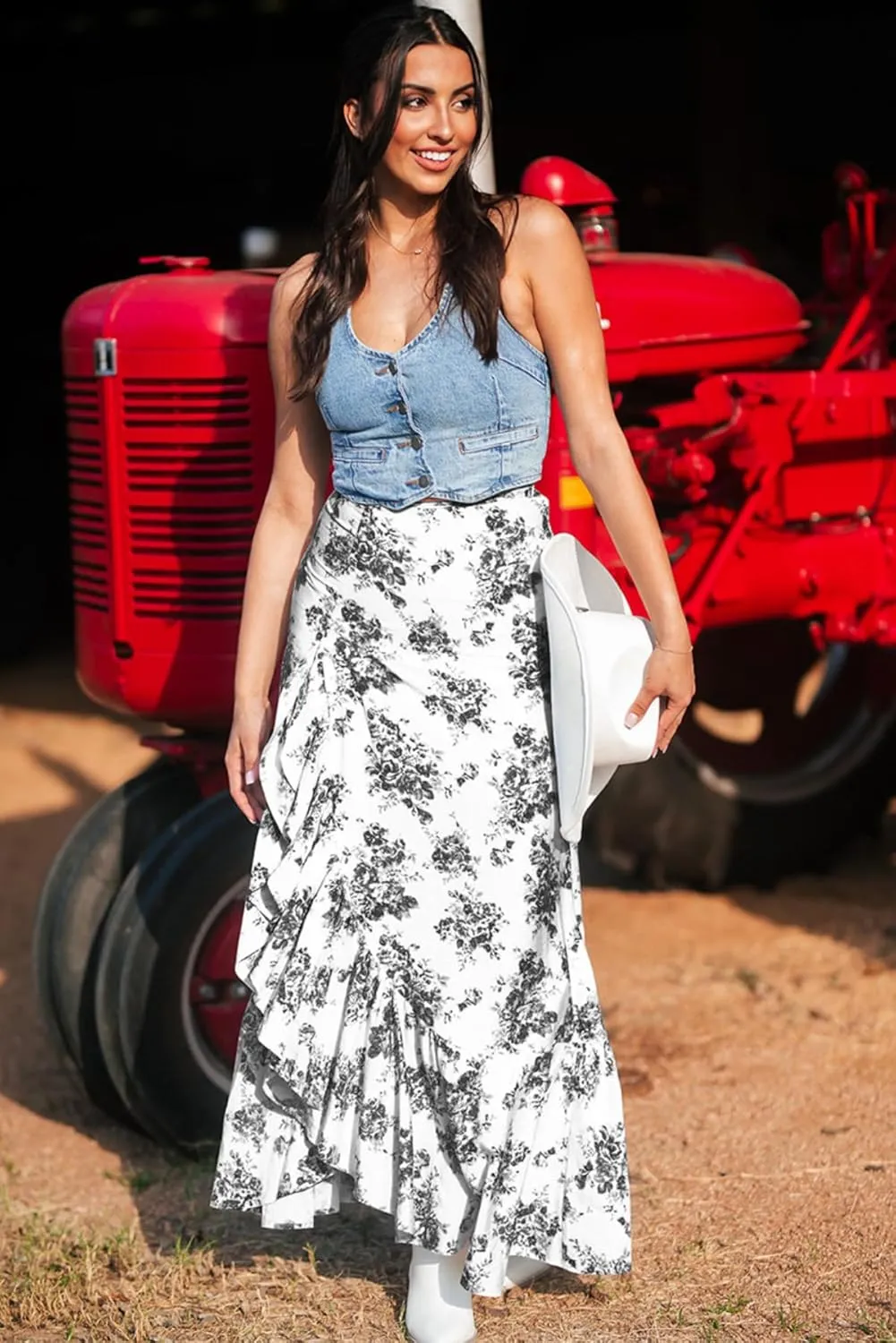 Apvirdy Women's Boho Floral High Waist Ruffle Split Maxi Skirt Prnted Slim Fit Summer Flowy Long Skirt