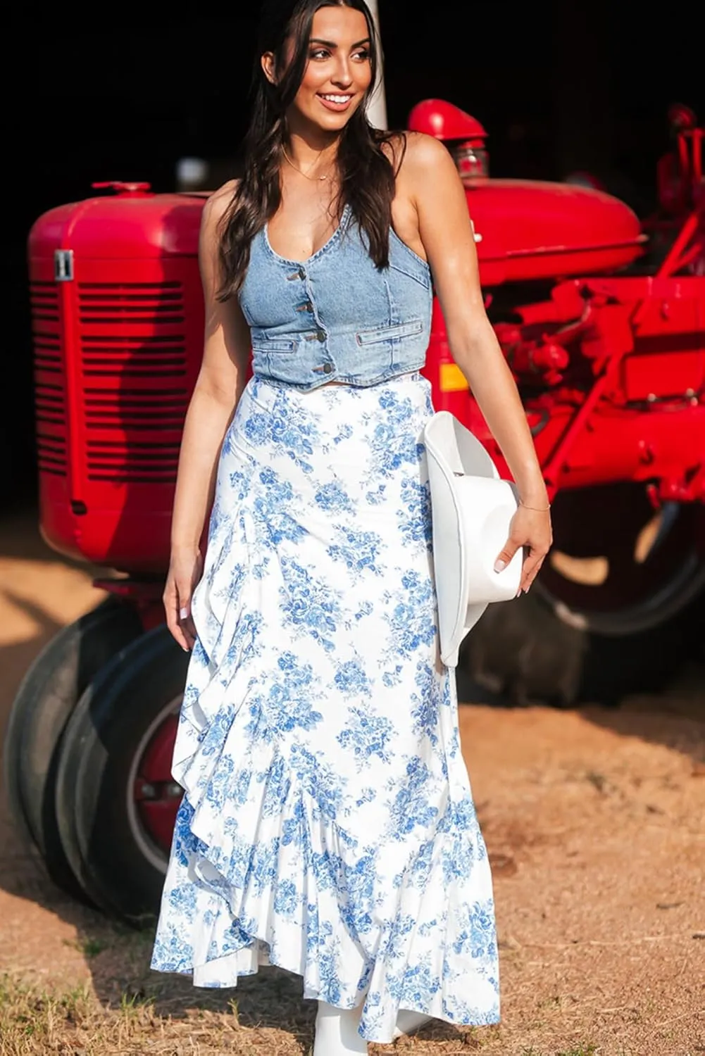 Apvirdy Women's Boho Floral High Waist Ruffle Split Maxi Skirt Prnted Slim Fit Summer Flowy Long Skirt