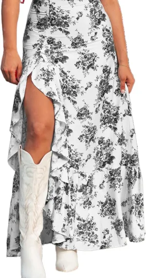 Apvirdy Women's Boho Floral High Waist Ruffle Split Maxi Skirt Prnted Slim Fit Summer Flowy Long Skirt